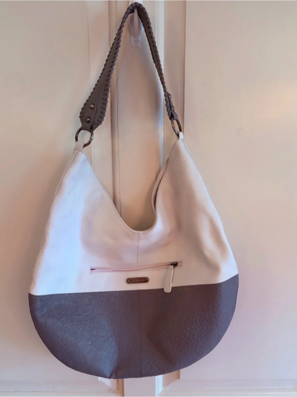 Leather Hobo/Tote/Shoulder Bag / Gray, white, hot pink /Designer Sharif 1827